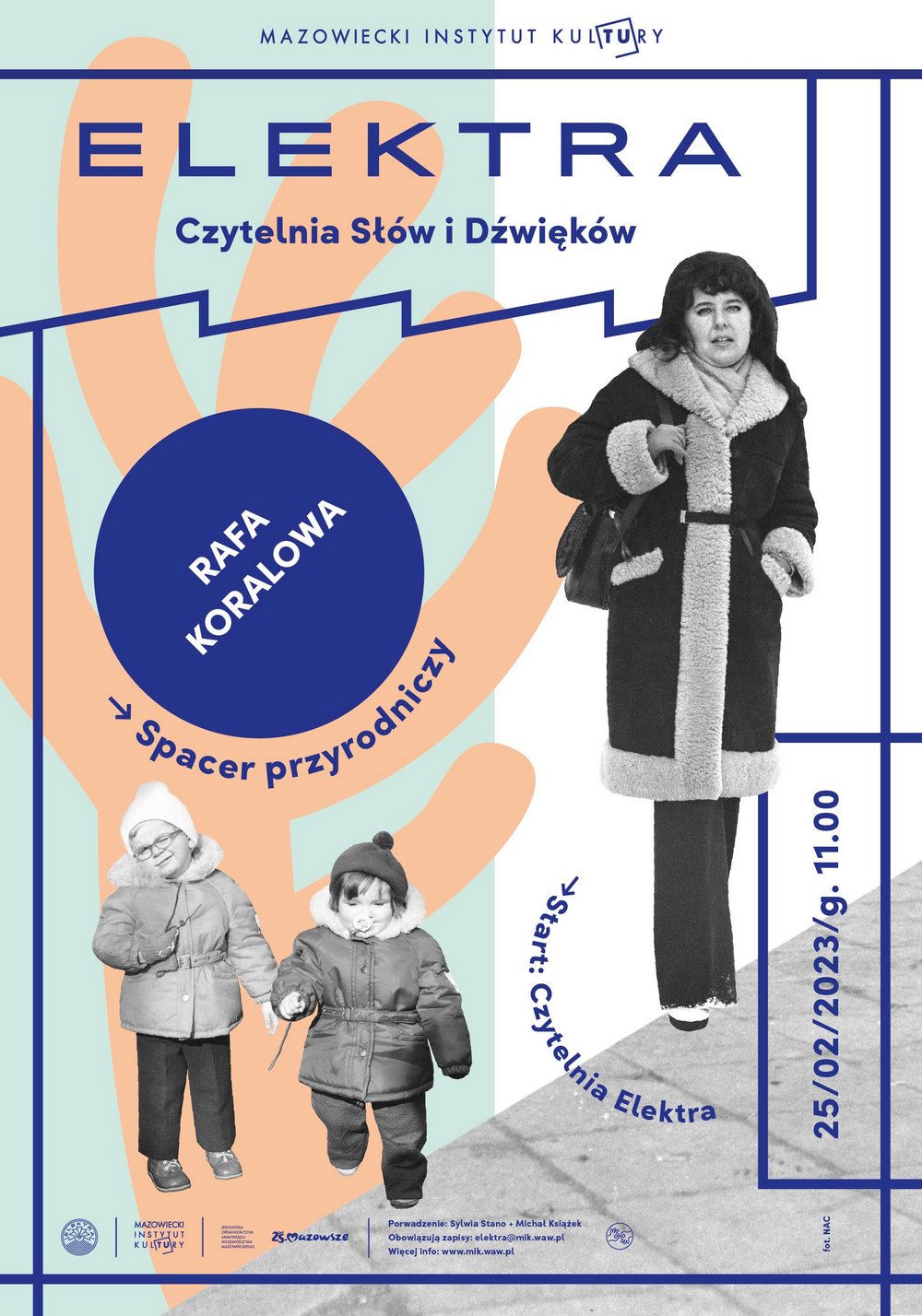 grafika - kolaż jasnego tła i dwóch zdjęć czarno białych przedstawiających kobietę w płaszczu i dwójkę dzieci w zimowych ubraniach