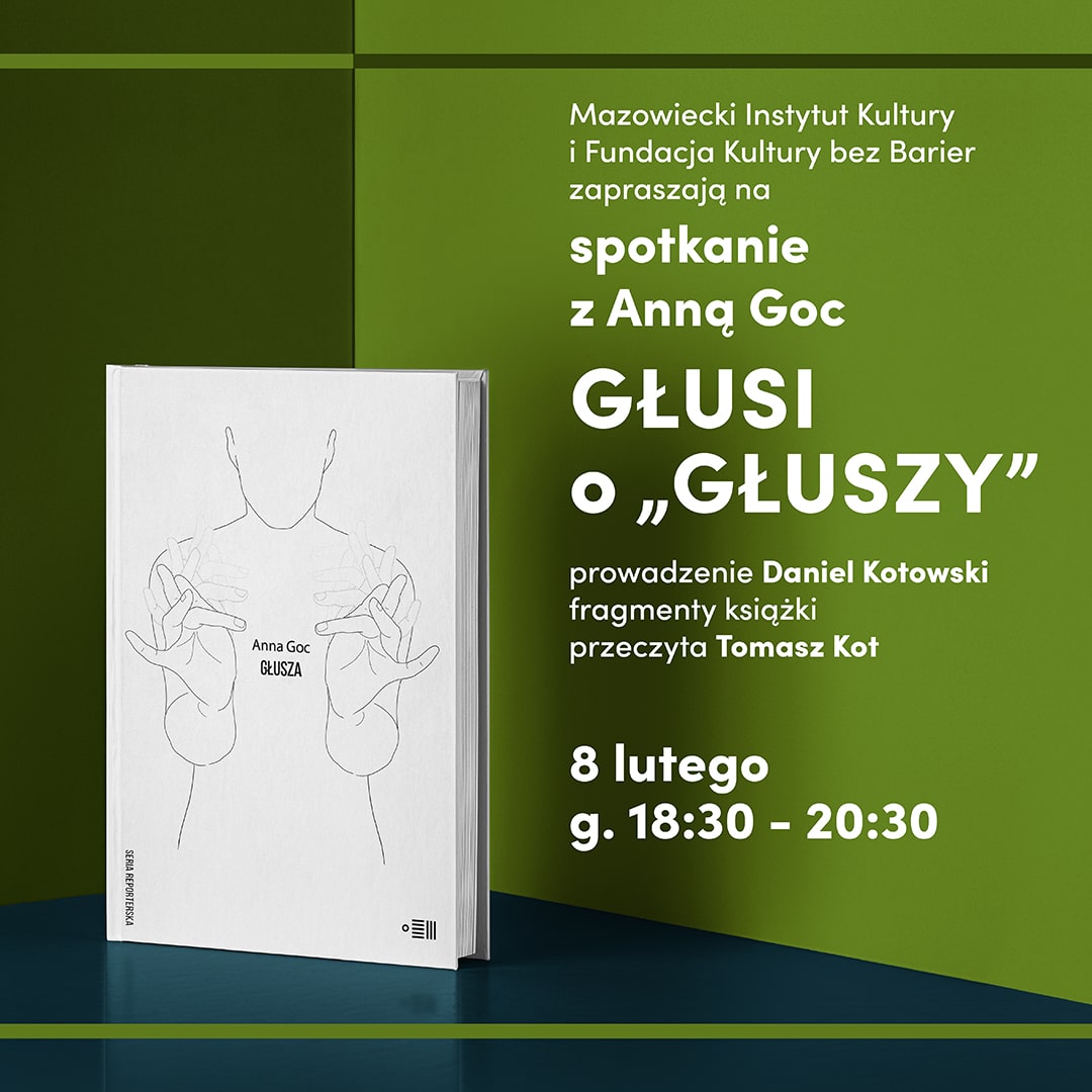 grafika - na zielonym tle biała okładka książki Głusza