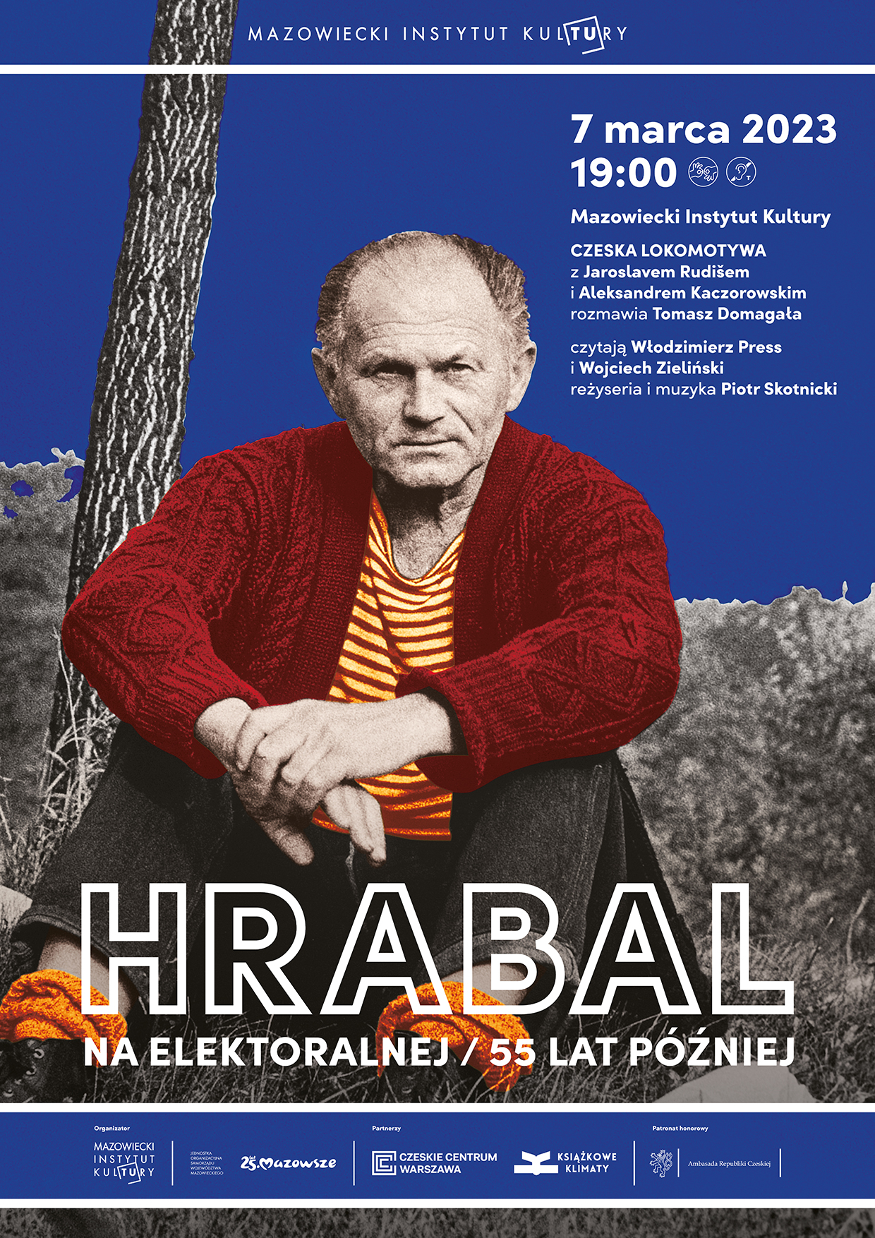 plakat informujący o wydarzeniu Hrabal na Elektoralnej 55-lat później z grafiką przedstawiającą zdjęcie Bohumila Hrabala