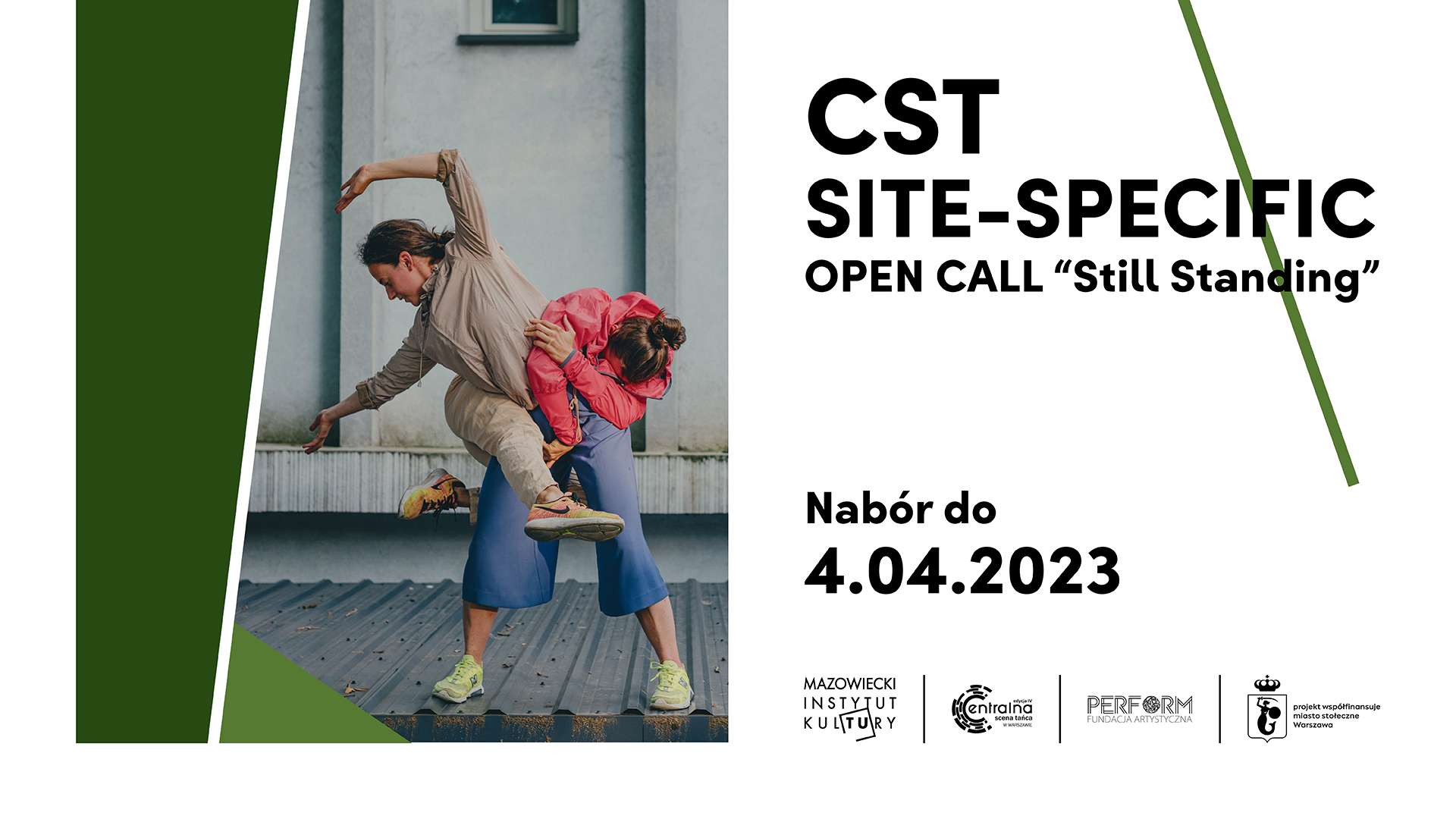 grafika informacyjna przedstawiająca dwoje tancerzy i tekst CST Site-Specific open Call "Still STanding" nabór do 4 kwietnia