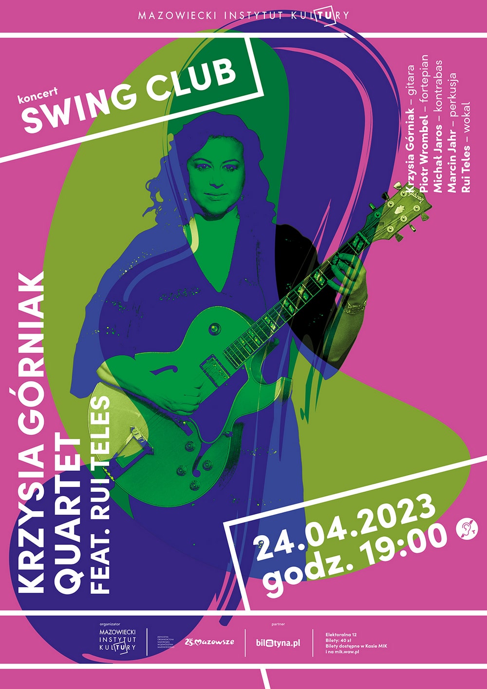 grafika - plakat na fioletowo niebieskim tle achromatyczny wizerunek krzysi górniak trzymającej gitarę