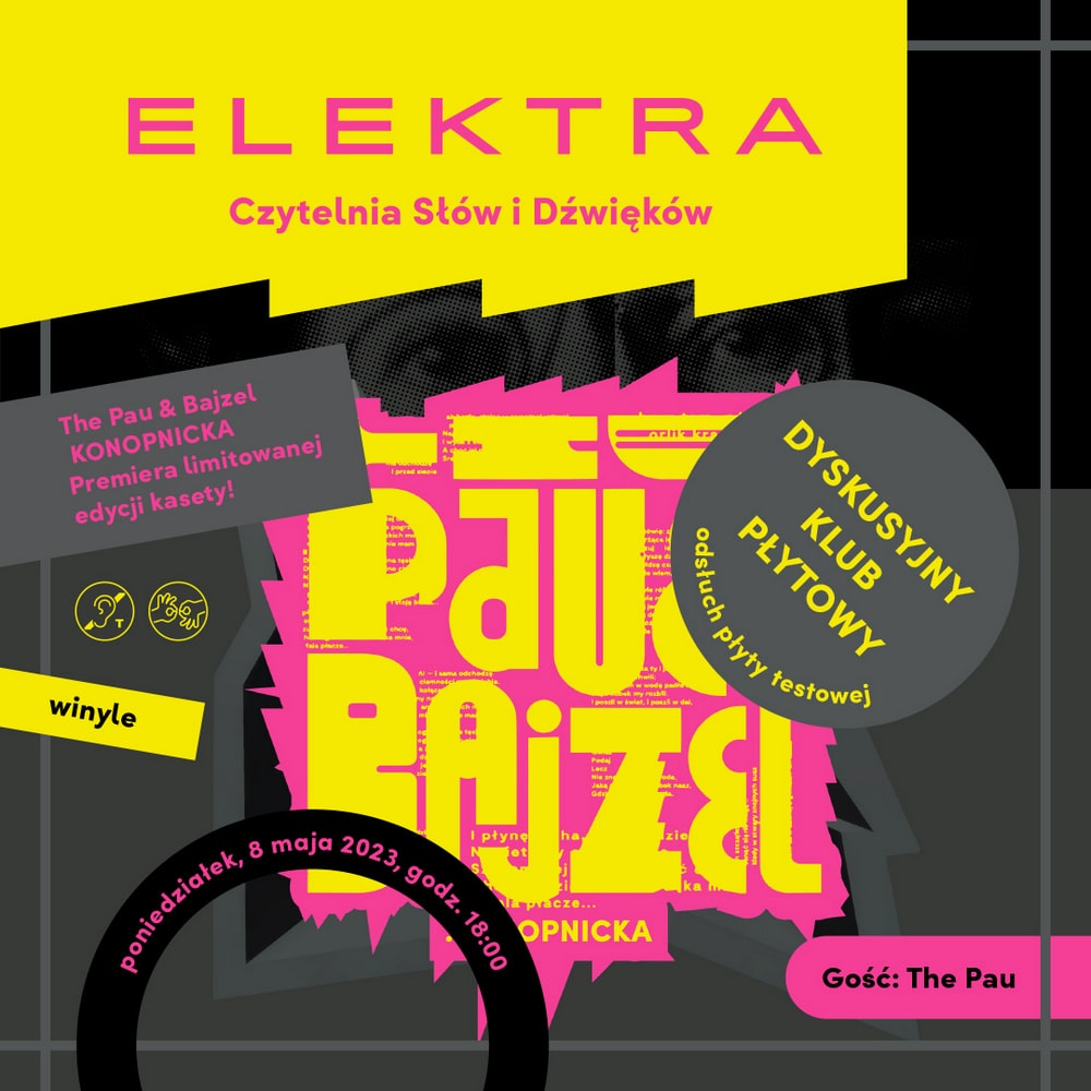 grafika na żółto czarnym tle napisy czytelnia elektra