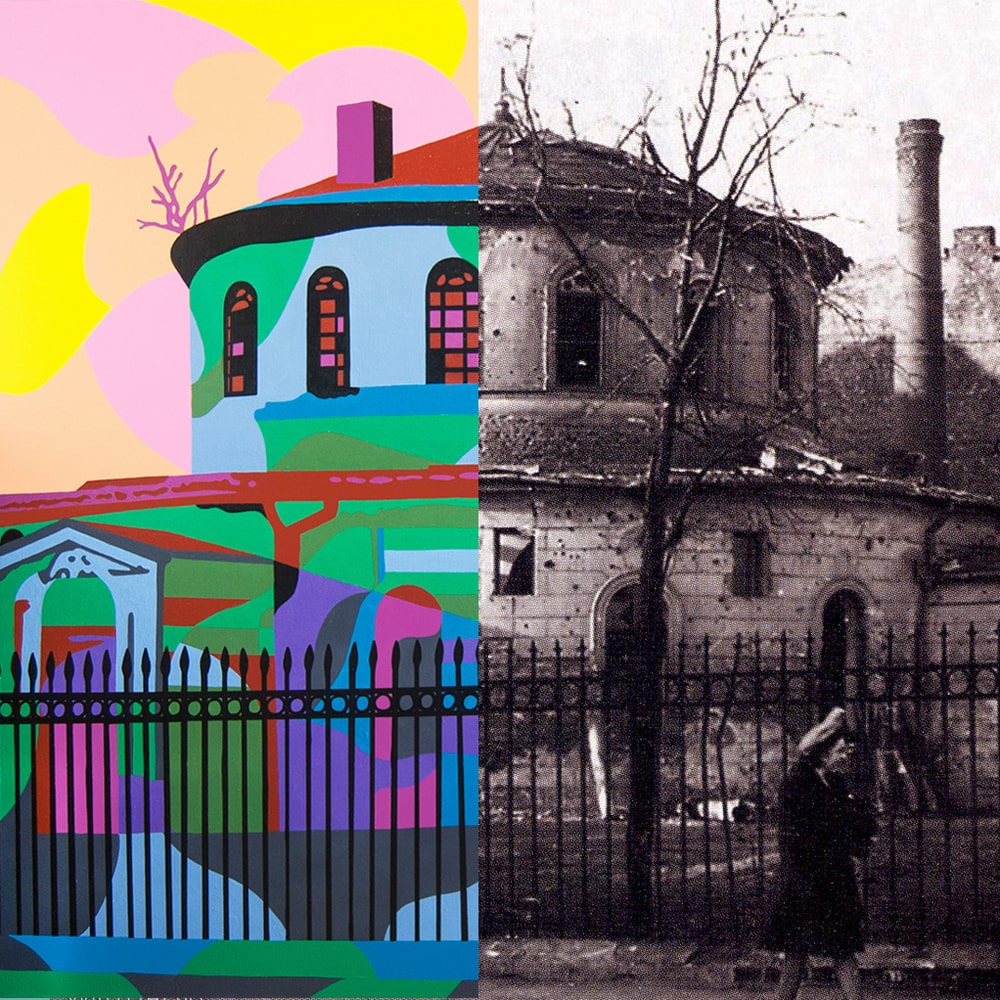 grafika przedstawiająca w połowie stare czarno białe zdjęcie synagogi na pradze, a w drugiej połowie tę synagogę jako mural