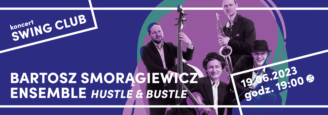 plakat na niebiesko fioletowym tle monochromatyczne zdjęcie czterech muzyków z instrumentami