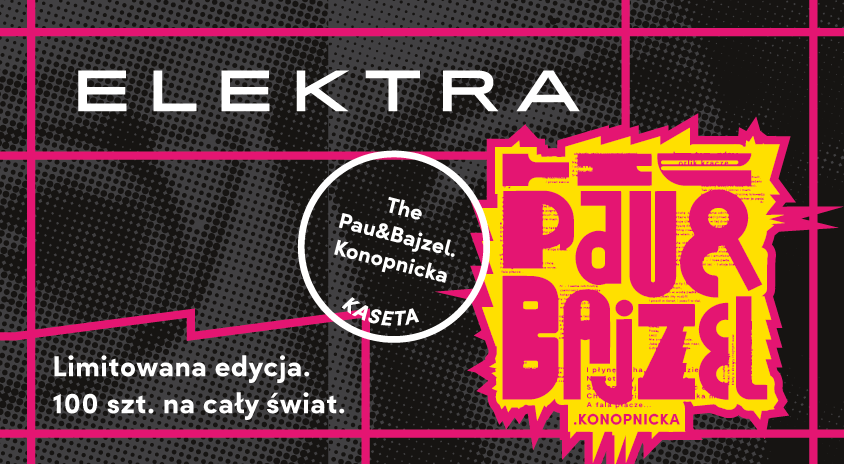 grafika na czarnym tle czerwone litery pau i bajzel