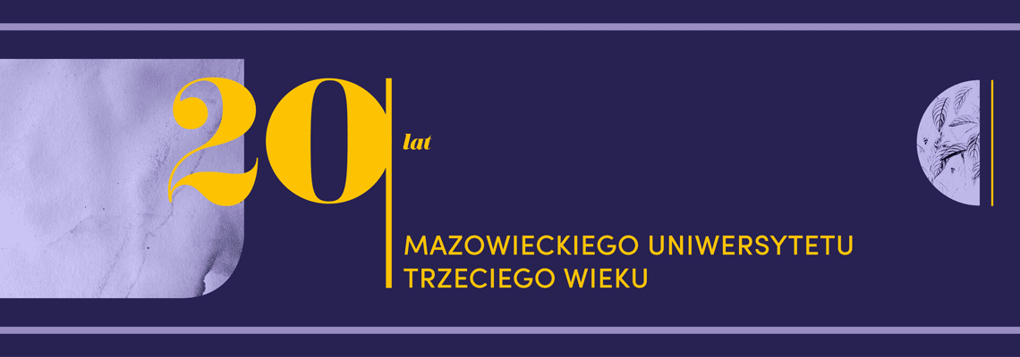 grafika na fioletowym tle złoty napis 20 lat