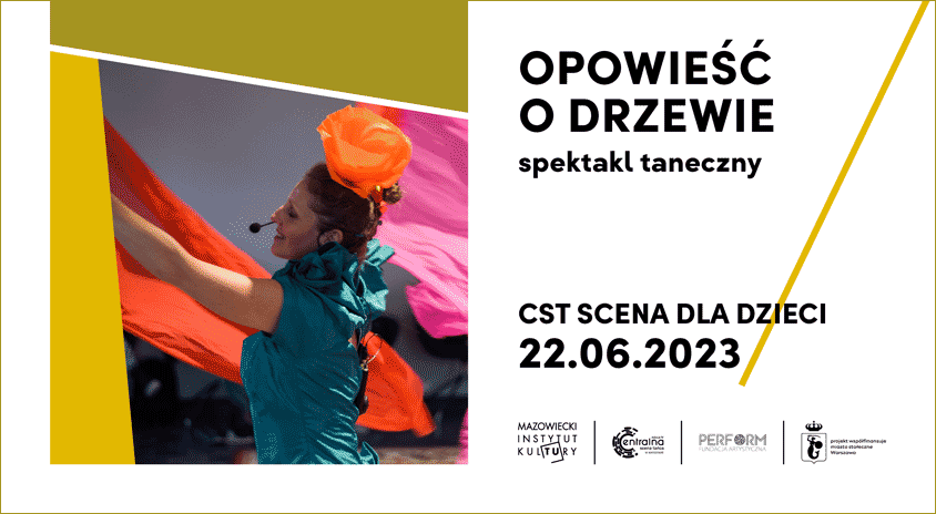 grafika z fotografią tancerki z barwną szarfą w ruchu