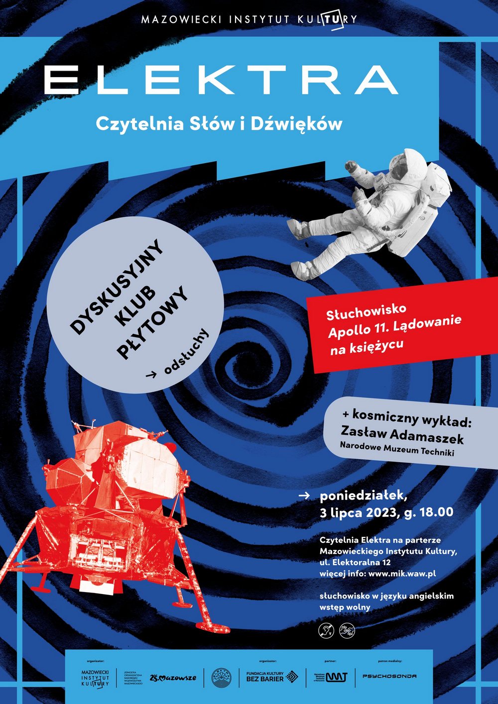 grafika kolaż zdjęć astronauty i statku kosmicznego, na niebieskim tle
