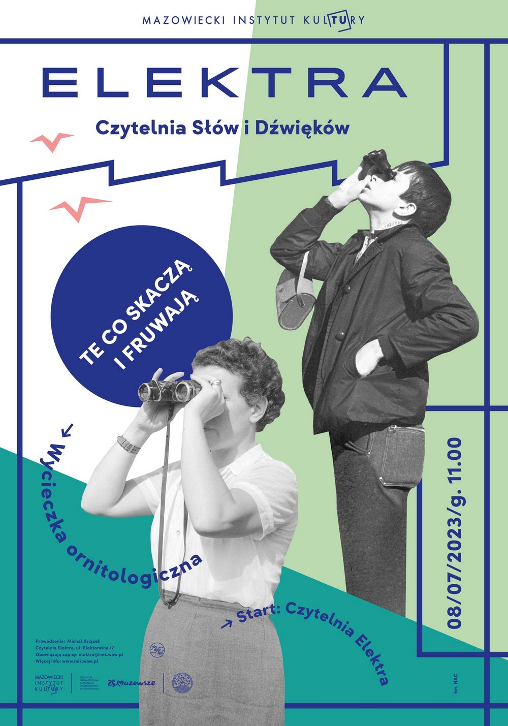 plakat kolaż czarno białych zdjęć przedstawiających kobietę i mężczyznę patrzących przez lornetki
