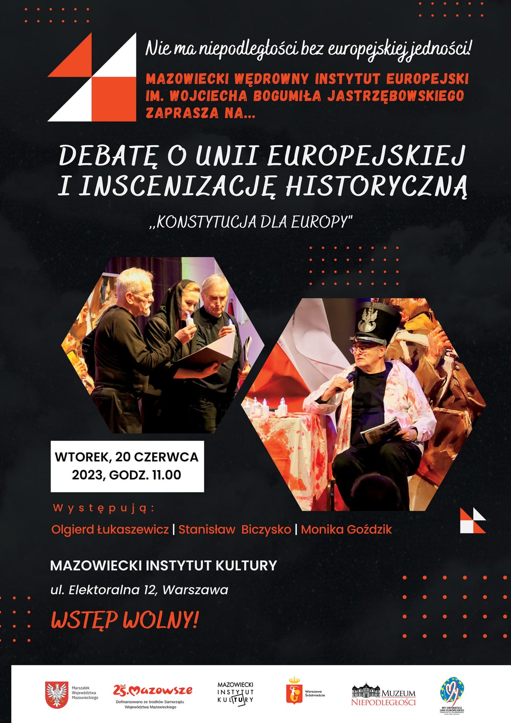 grafika na czarnym tle dwa zdjęcia osób prowadzących debatę