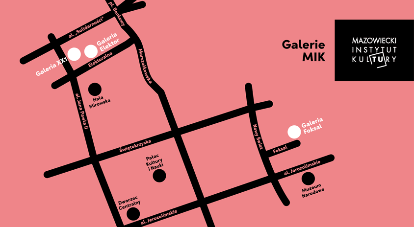 grafika na różowym tle uproszczona mapa z zaznaczonymi lokalizacjami galerii sztuki mik