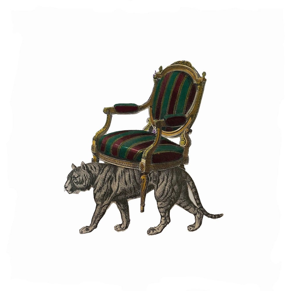 grafika kolaż rysunku tygrysa niosącego na grzbiecie nieproporcjonalnie duże krzesło
