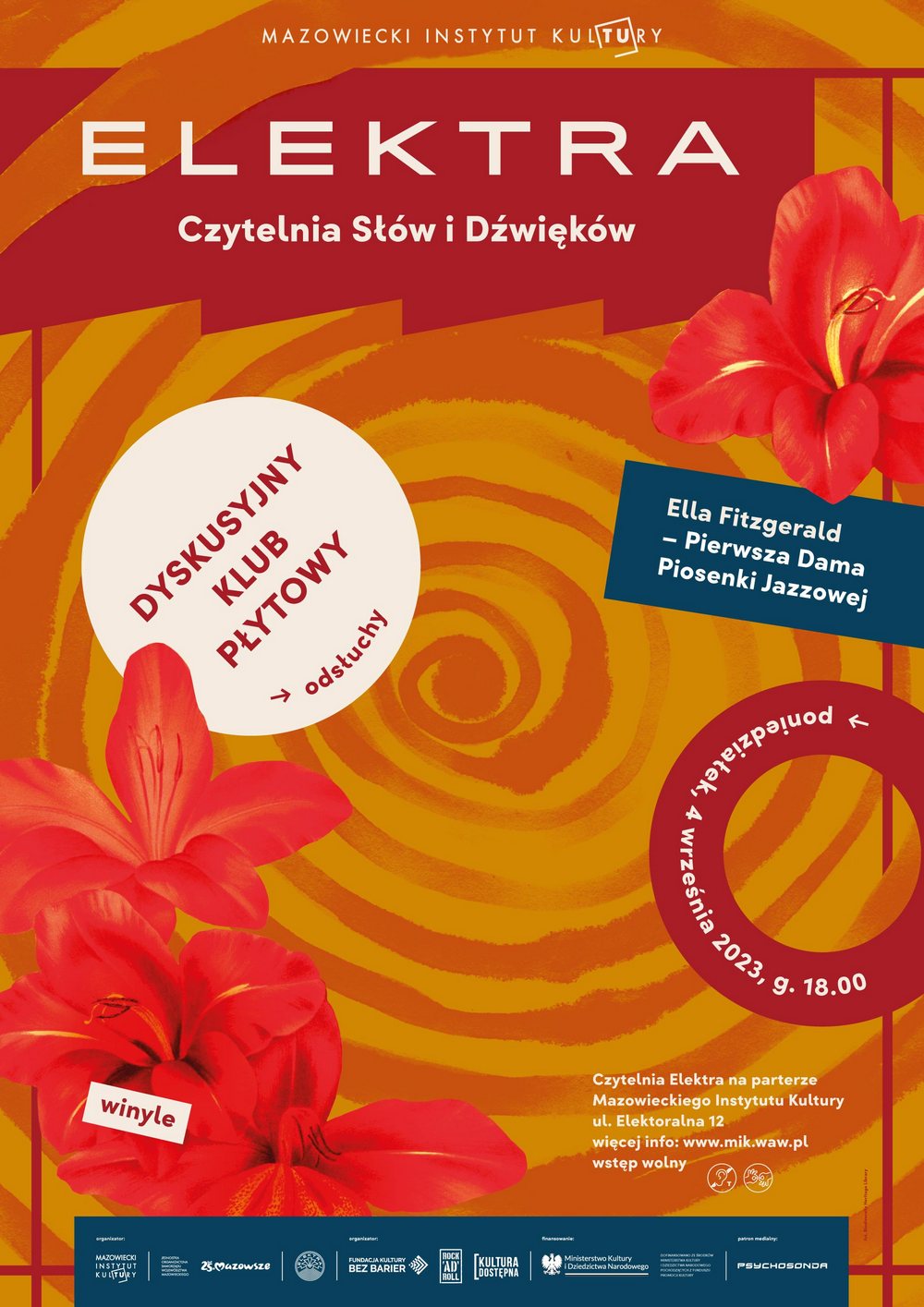 grafika na pomarańczowym tle czerwone kwiaty