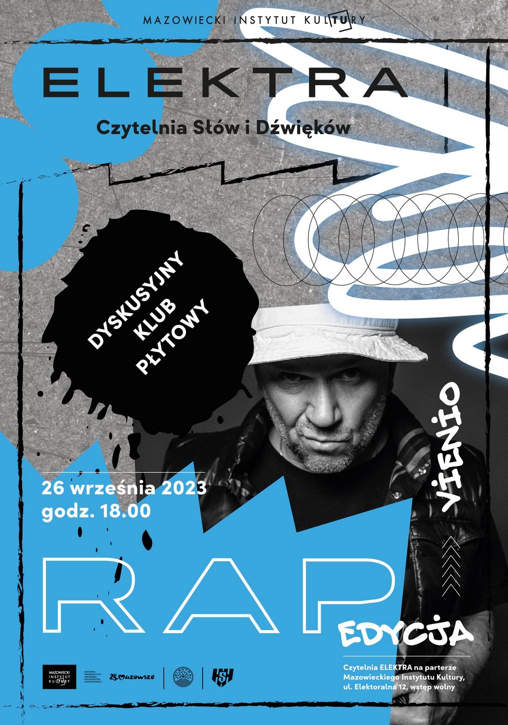 grafika z czarno białym zdjęciem mężczyzny w kapeluszu