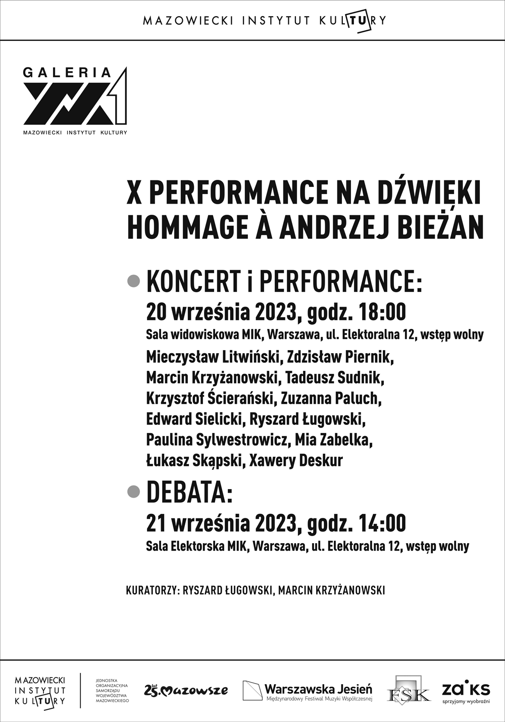 afisz z nazwiskami uczestników performance na dźwięki