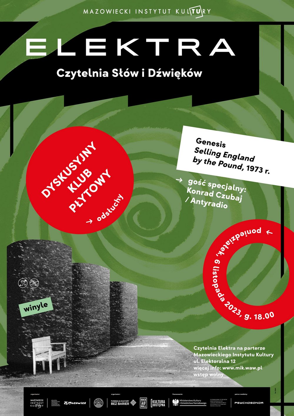grafika na zielonym tle kształt spiralny oraz szara fotografia ławki parkowej