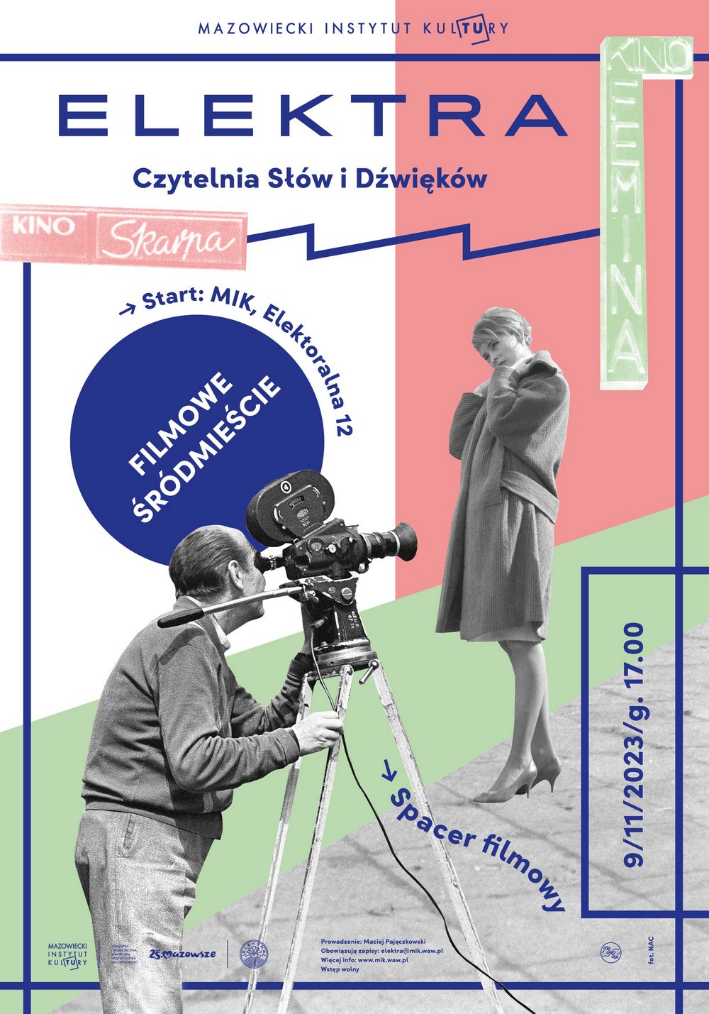 grafika kolaż czarno białych zdjęć kamerzysty i filmowanej kobiety w płaszczu