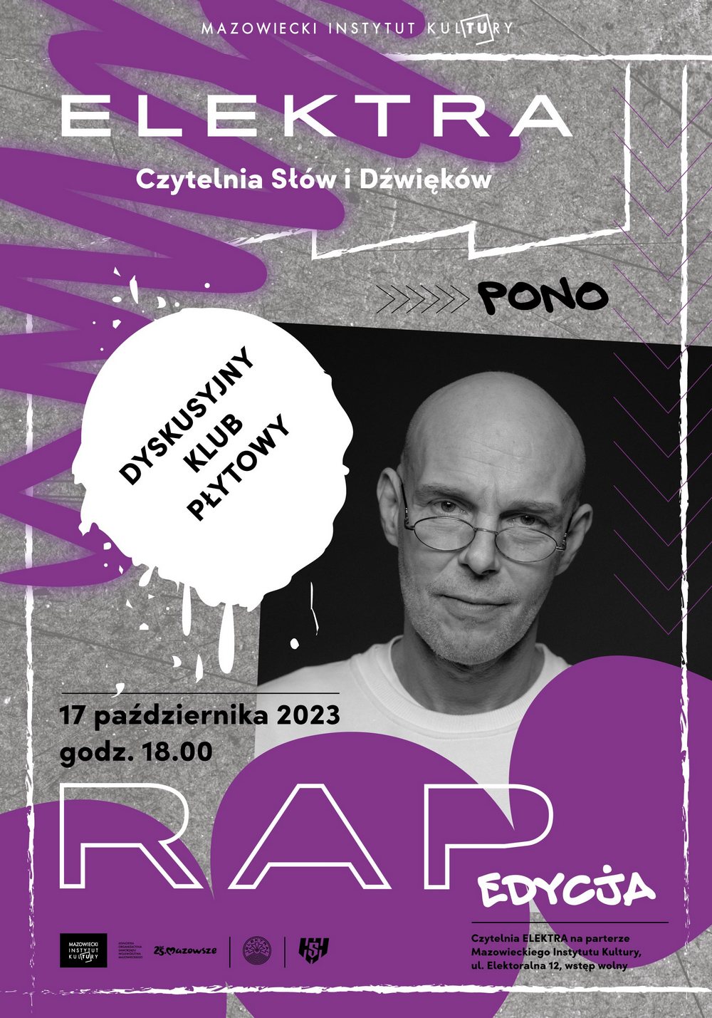 grafika fioletowe plamy i czarno białe zdjęcie rafała poniedzielskiego pono