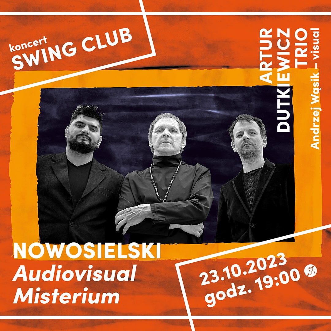 grafika na pomarańczowym tle czarno białe zdjęcie trzech mężczyzn, muzyków