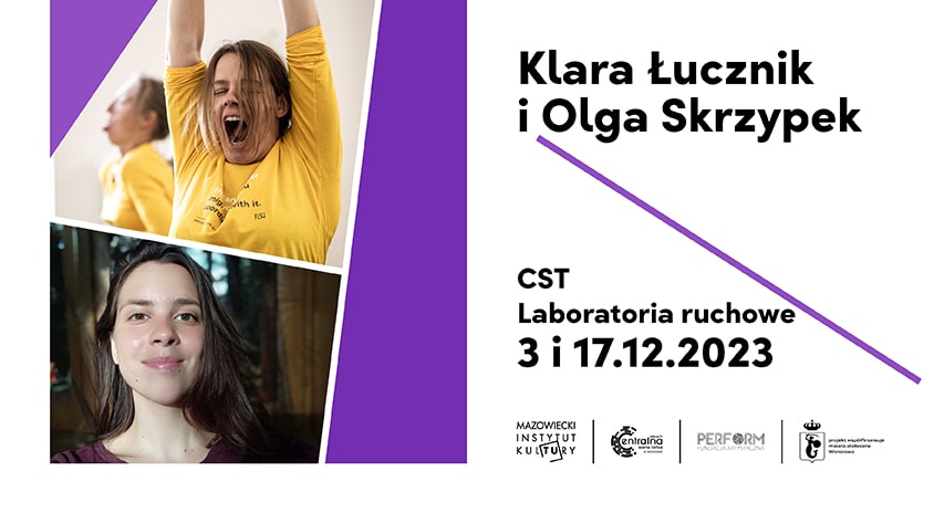 grafika na biało fioletowym tle dwa zdjęcia twarzy kobiet