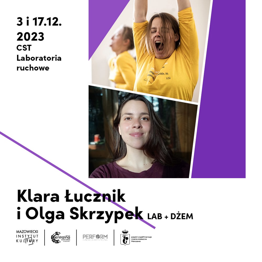 grafika na biało fioletowym tle dwa zdjęcia twarzy kobiet