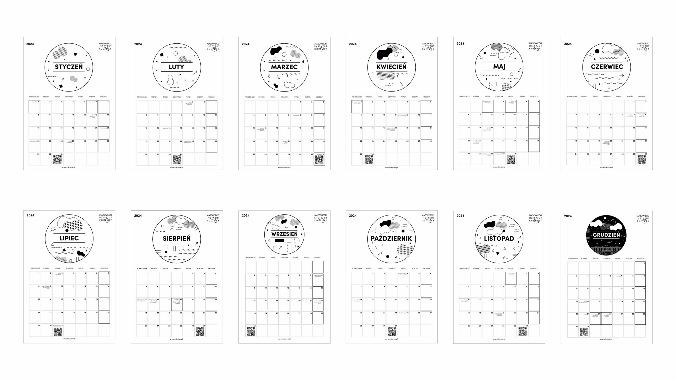 grafika na białym tle dwanaście plansz kalendarza na poszczególne miesiące
