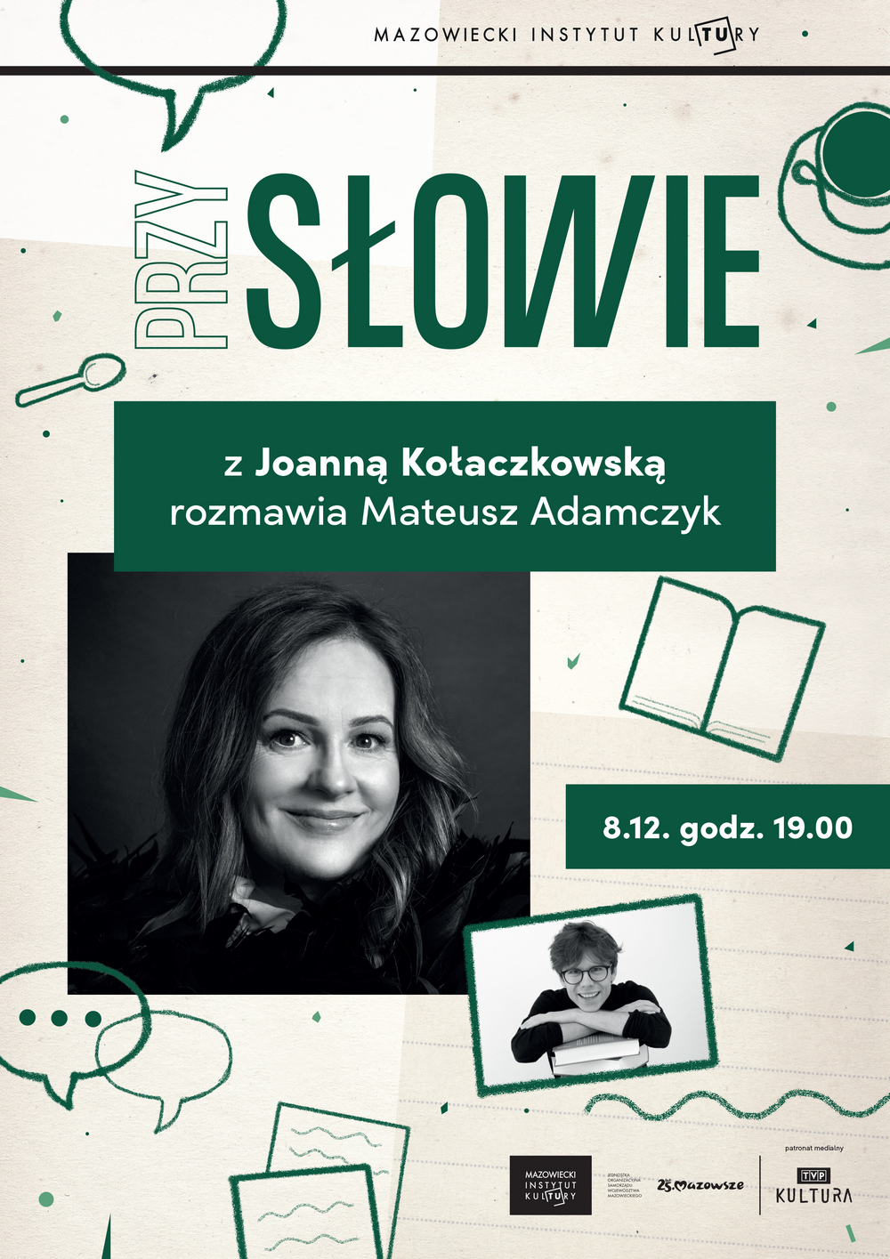 grafika na kremowym tle czarno białe zdjęcie joanny kołaczkowskiej