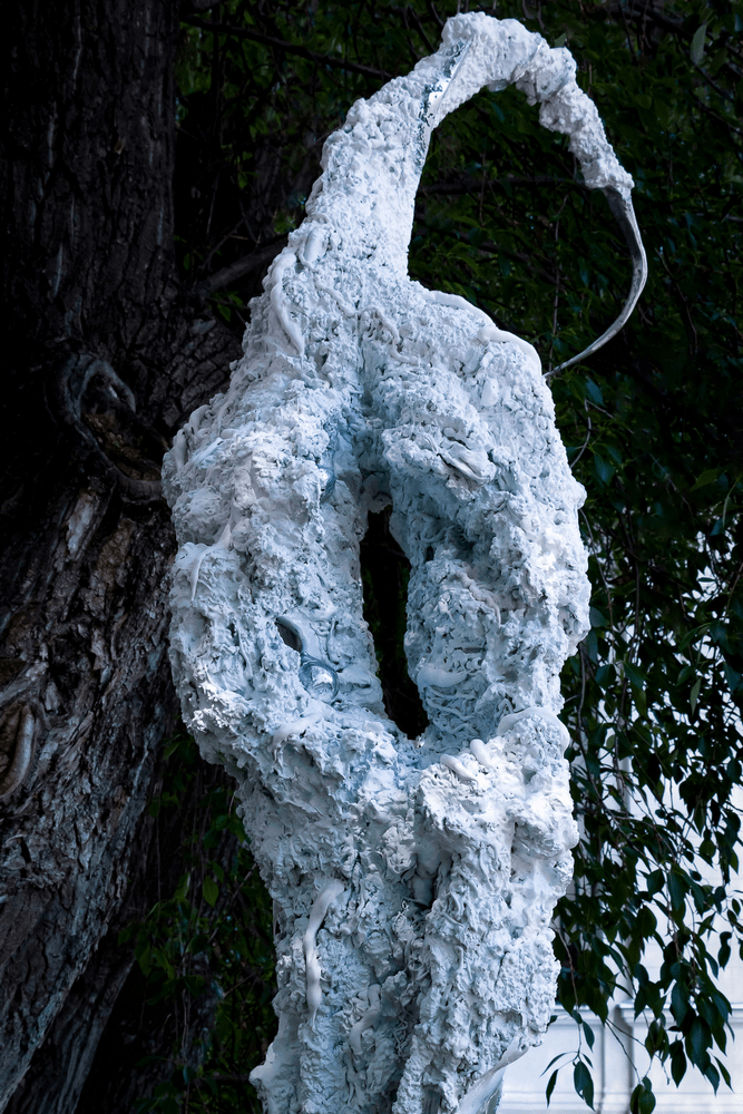 fotografia fragment rzeźby abstrakcyjnej na tle pnia drzewa