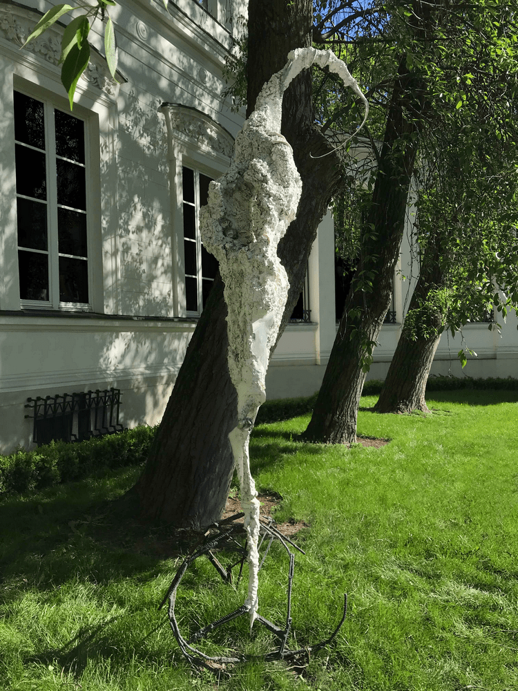 fotografia rzeźba abstrakcyjna na trawniku na tle pni drzew i ściany budynku, oświetlona światłem słońca