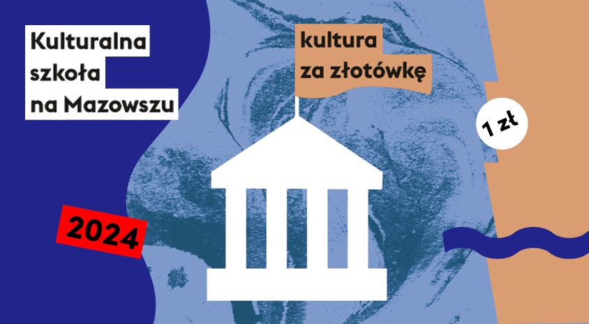 wielobarwna grafika z białym rysunkiem symbolizującym antyczną budowlę z czterema kolumnami