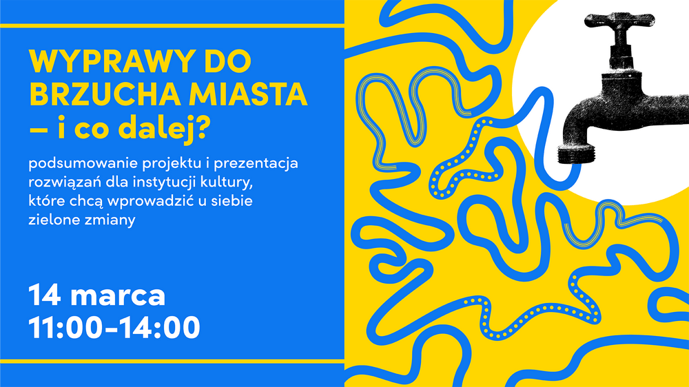 grafika na niebiesko żółtym tle rysunek kranu