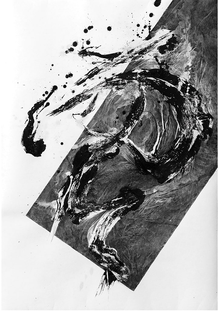 grafika czarno biała o tematyce abstrakcyjnej