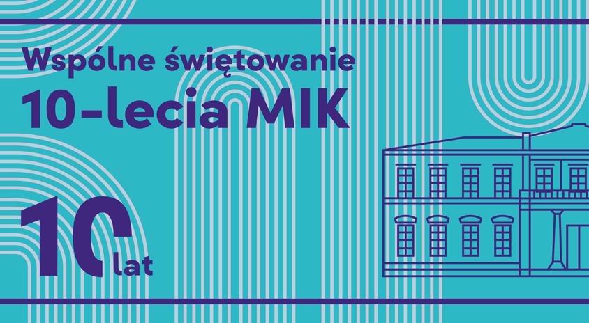 grafika na seledynowym tle rysunek frontu budynku mik oraz proste i owalne linie