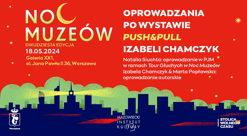 grafika na czerwonym tle żółty księżyc, sylwetki budynków i napisy