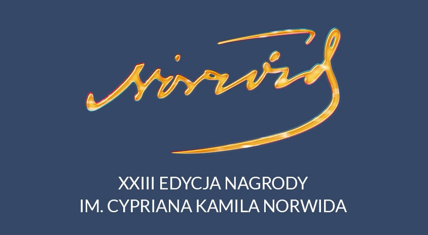 grafika informacyjna na niebieskim tle żółty napis norwid