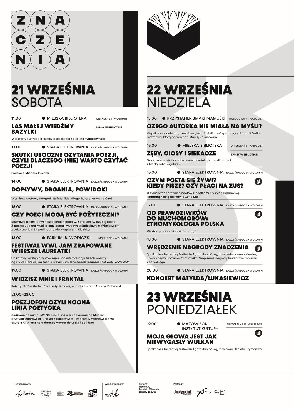 grafika informacyjna na białym tle czarne litery z programem festiwalu
