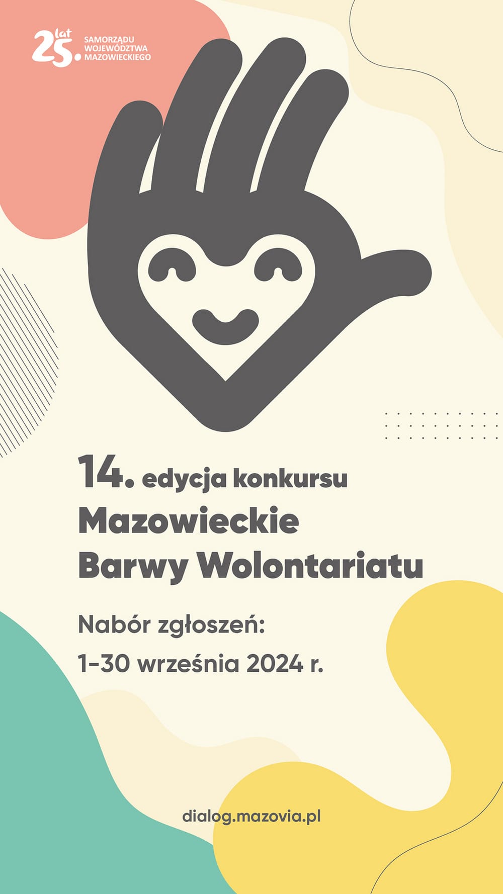 grafika informacyjna na kremowym kolorze napisy i rysunek łączący w sobie wyobrażenie serca, uśmiechniętej twarzy ludzkiej i dłoni