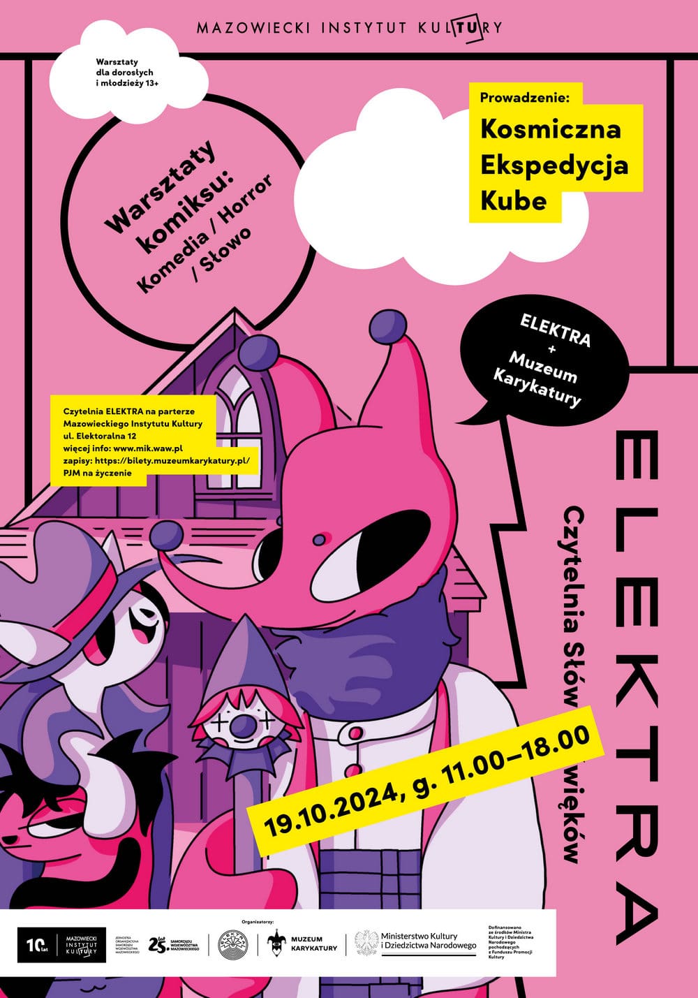 na różowym tle rysunki kilku postaci pochodzących z komiksów