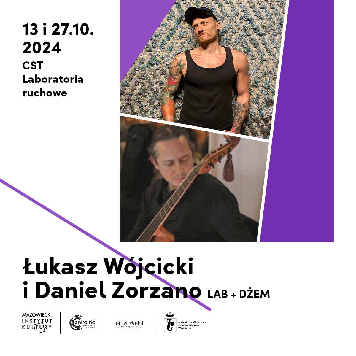 grafika informacyjna na białym tle zdjęcia dwóch mężczyzn jedne trzyma w rękach instrument strunowy