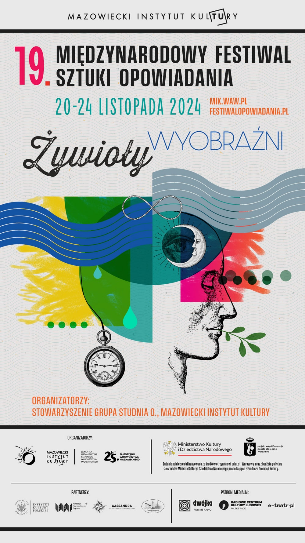 grafika informacyjna na szarym tle rysunek profilu ludzkiej twarzy i kolorowe napisy