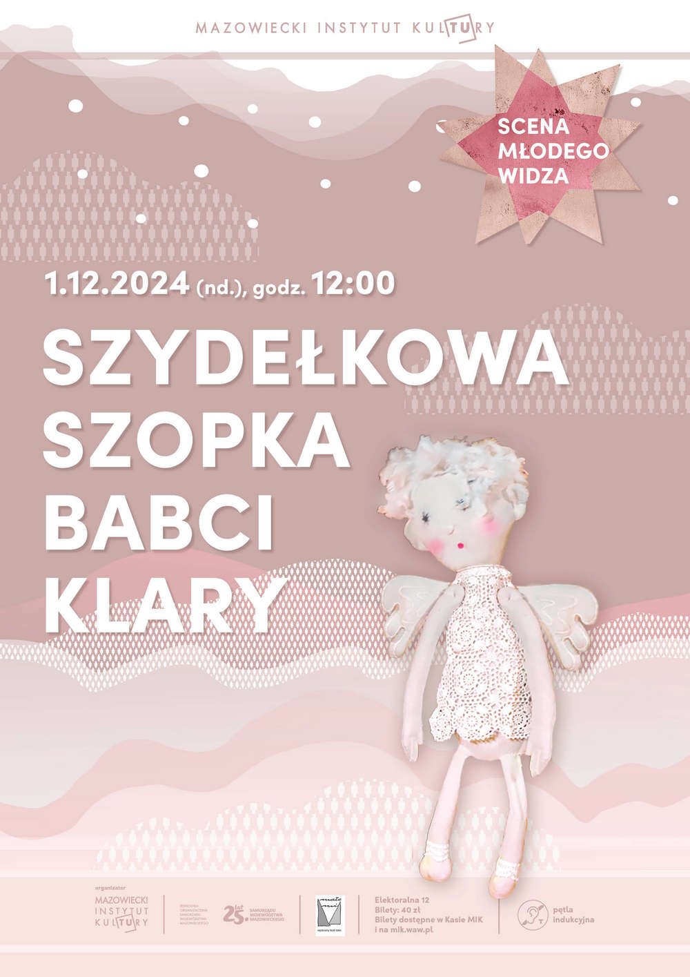 grafika informacyjna na różowym tle lalka ze skrzydłami