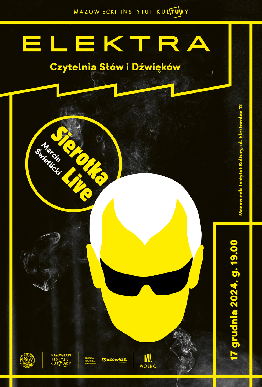 grafika informacyjna na czarnym tle rysunek twarzy z ciemnymi okularami