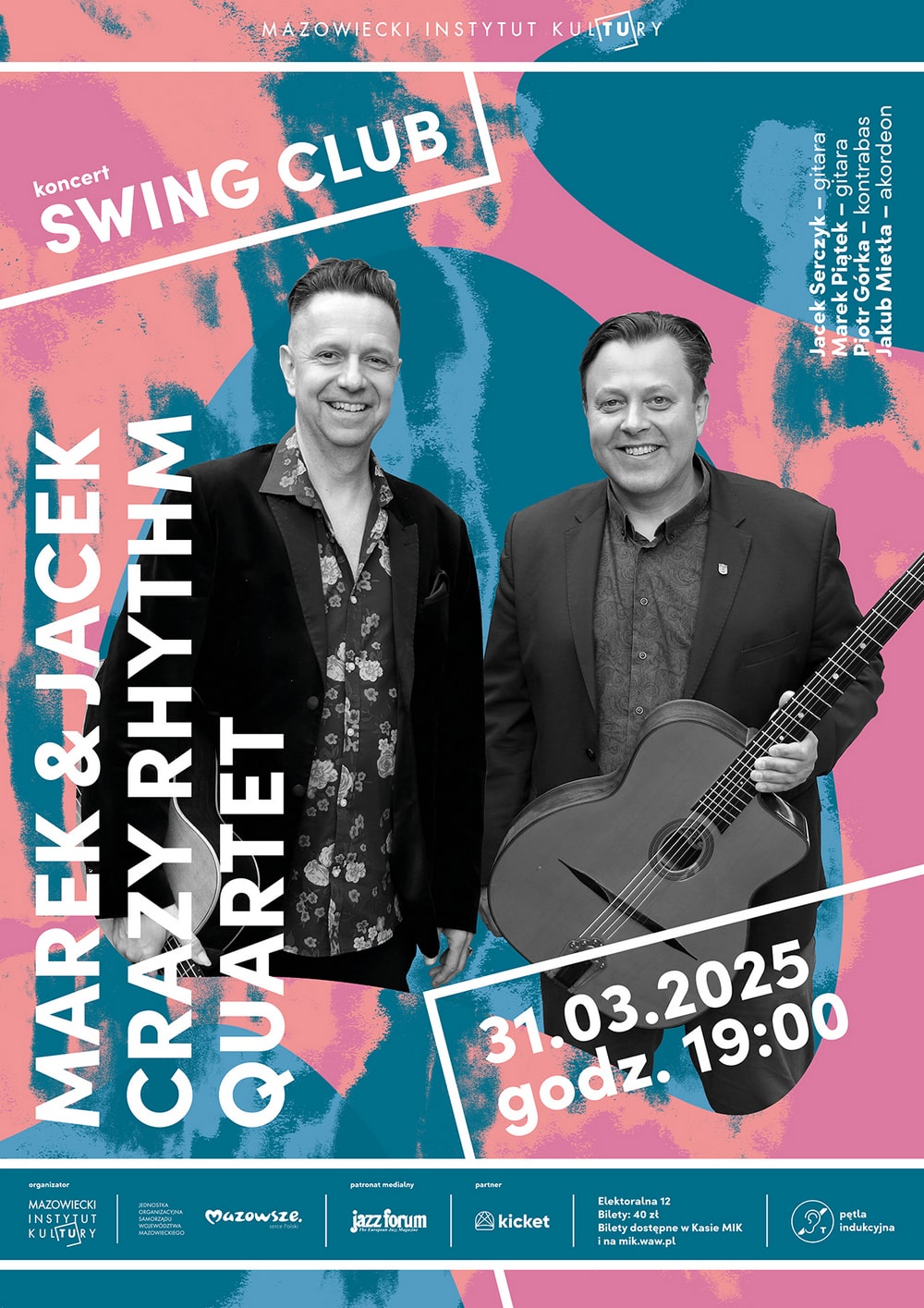 grafika informacyjna na kolorowym tle czarno biała fotografia dwóch mężczyzn z gitarami