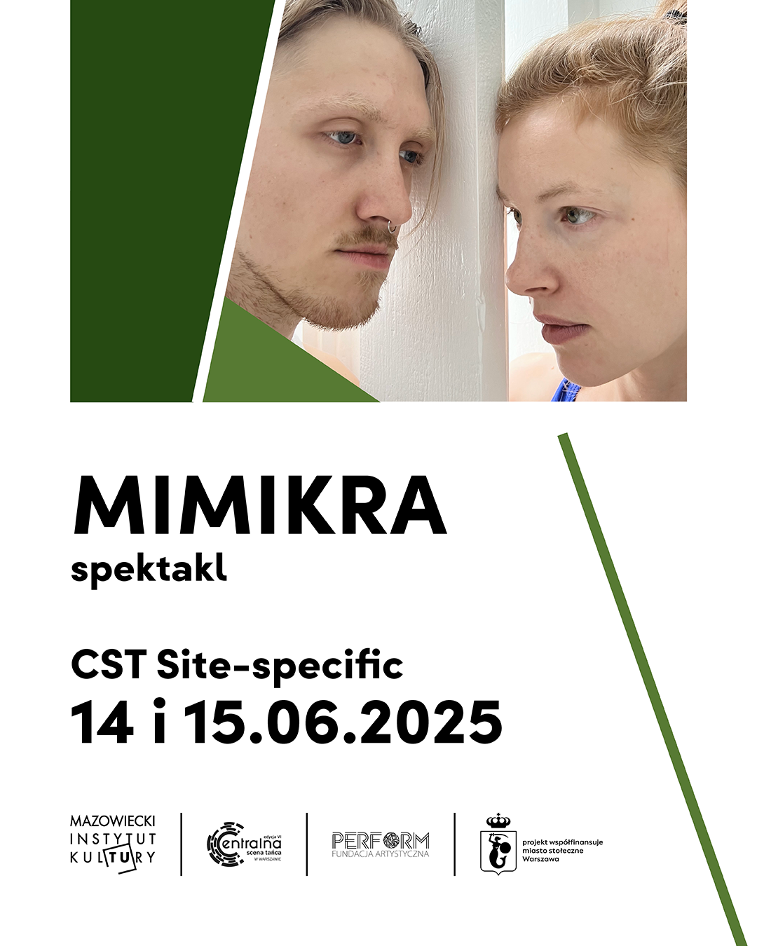 Grafika promocyjna: na białym tle zdjęcie artystów, informacje o spektaklu, element ozdobny - zielone linie i kształty