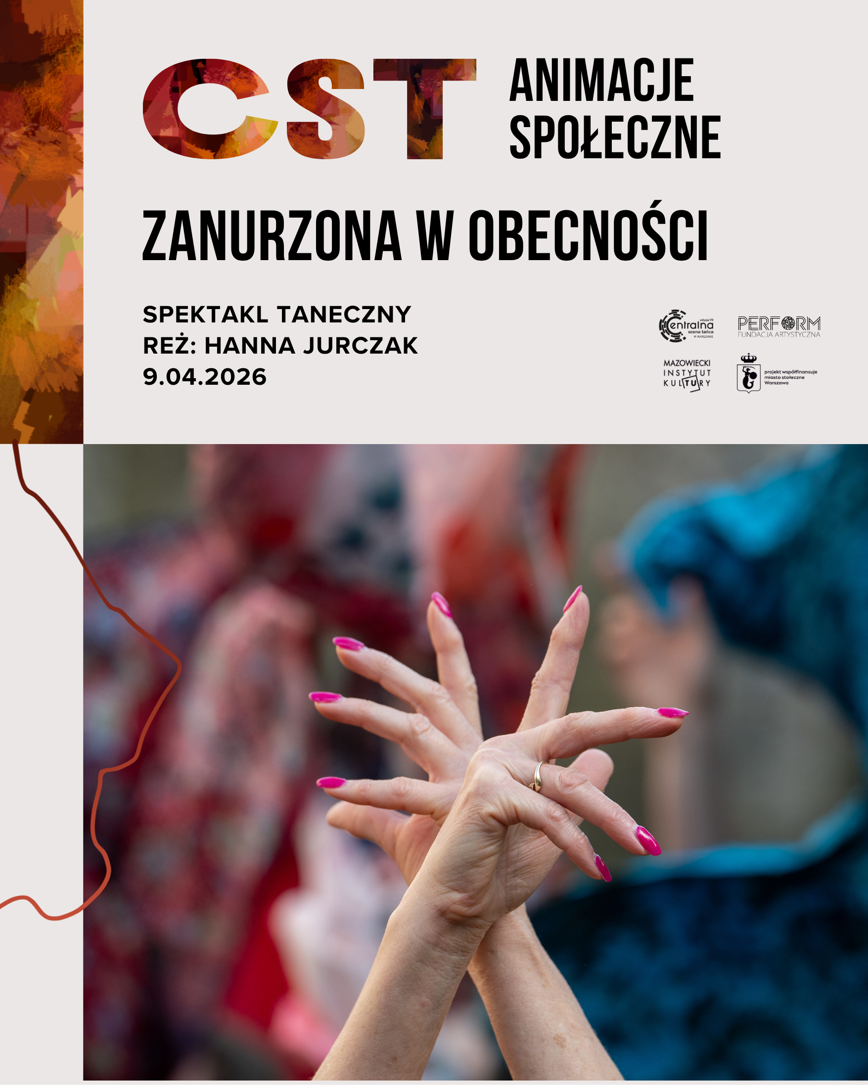 Plakat reklamujący wydarzenie Zanurzona w obecności w ramach CST Animacje społeczne