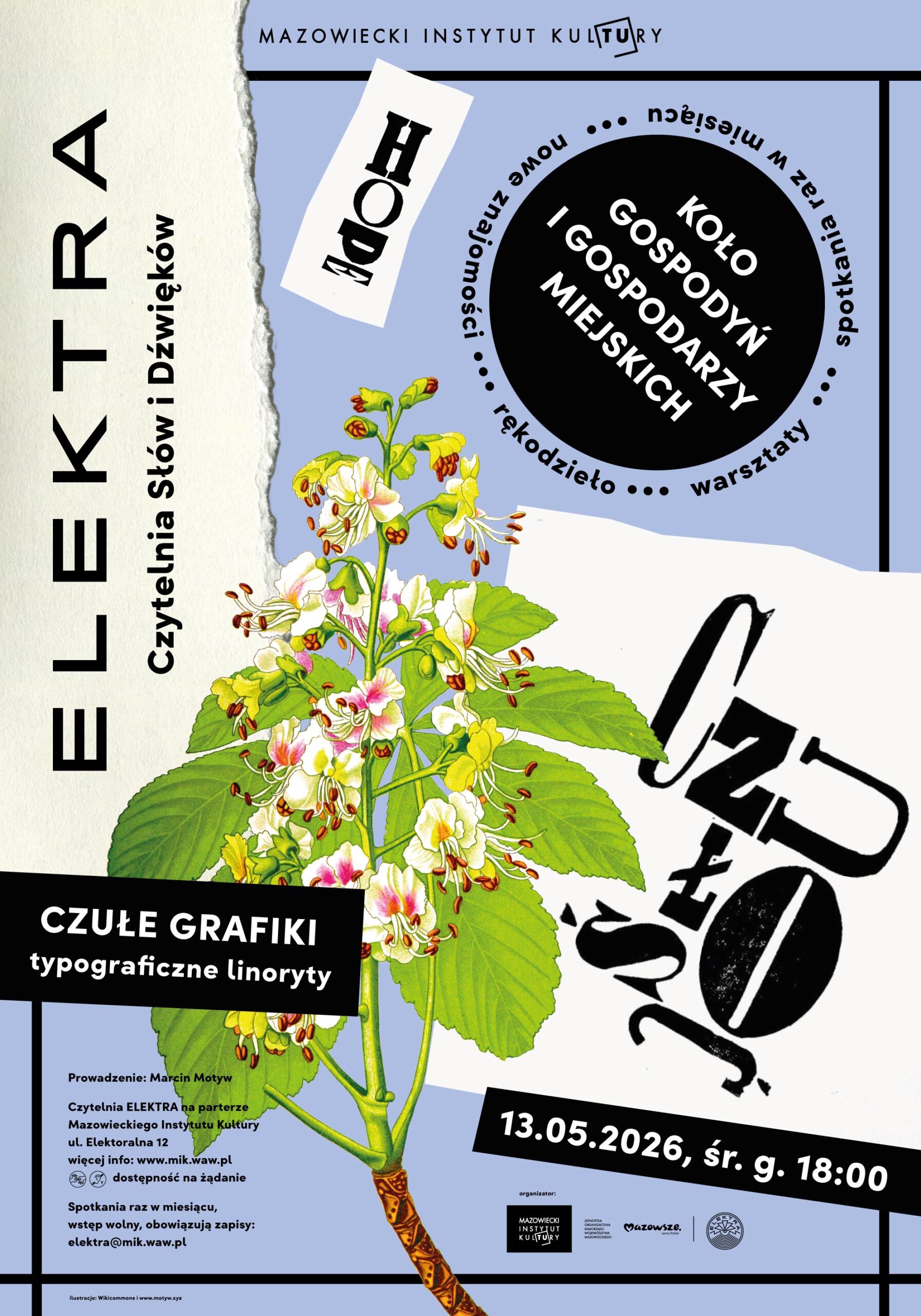 Plakat promujący majowe spotkanie "Czułe grafiki - typograficzne linoryty"