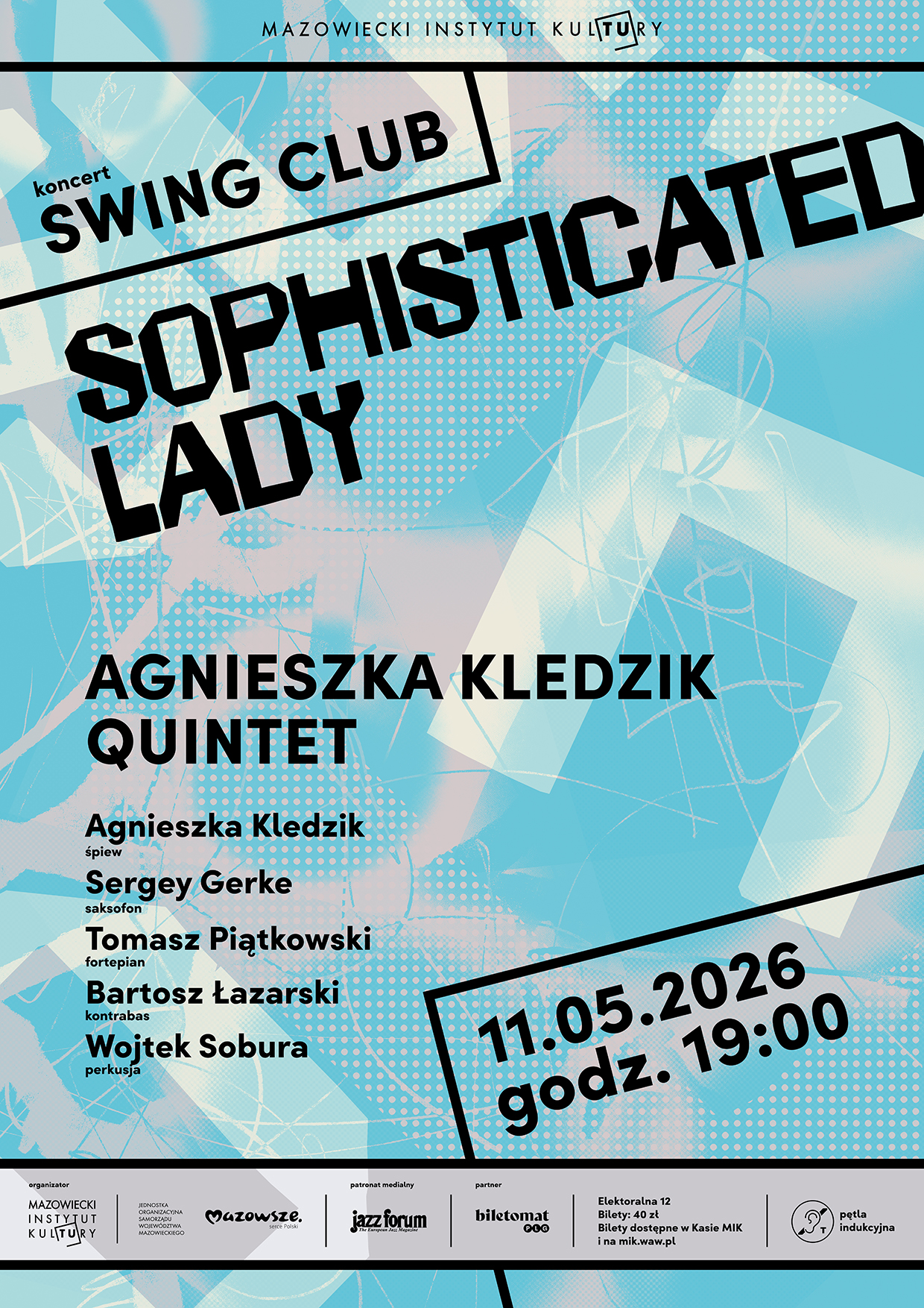 Plakat reklamujący koncert Agnieszka Kledzik Quintet w ramach cyklu Swing Club. Informacje o nazwie i czasie wydarzenia