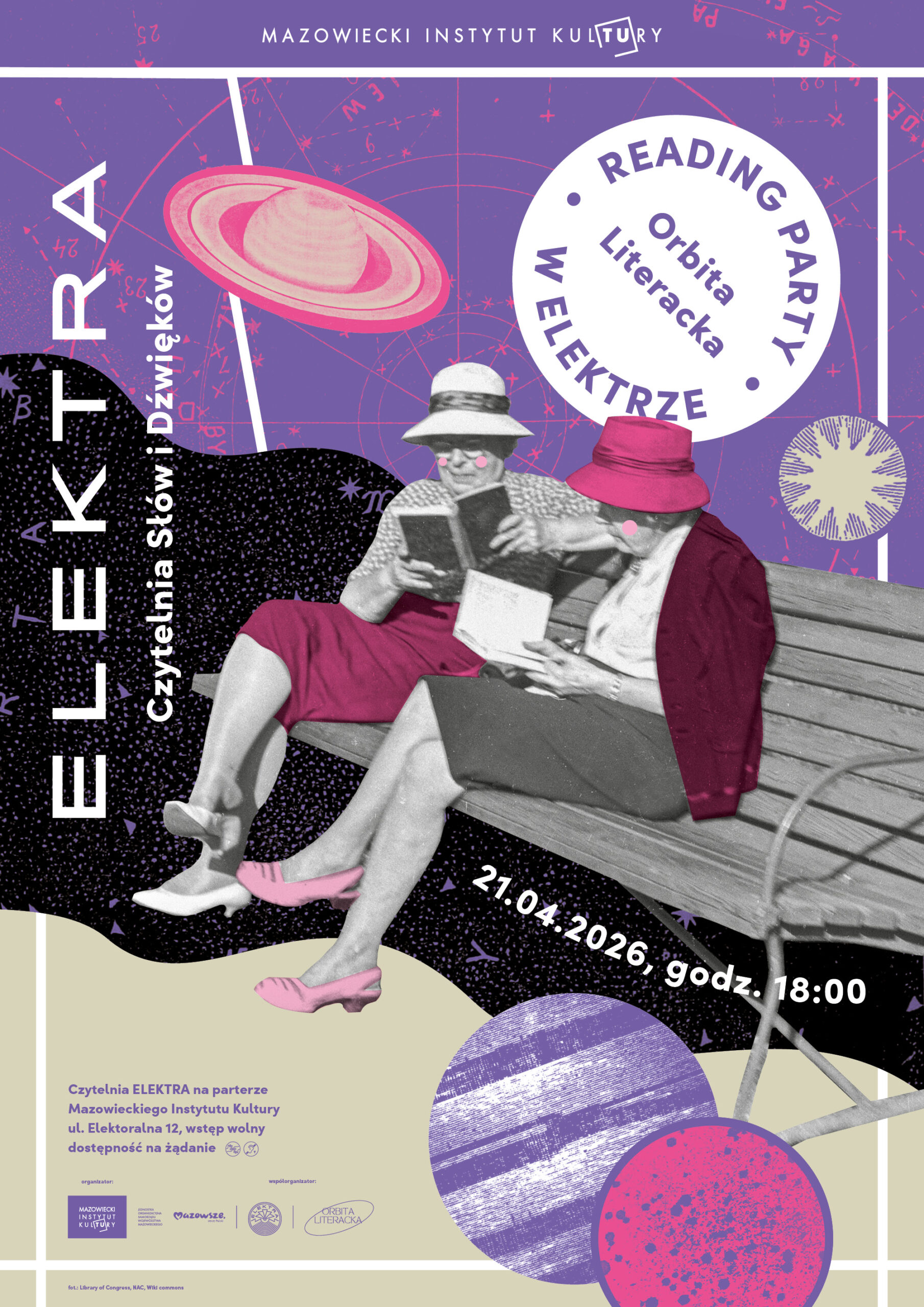 Plakat reklamujący wydarzenie Orbita Literacka Reading Party w Elektrze