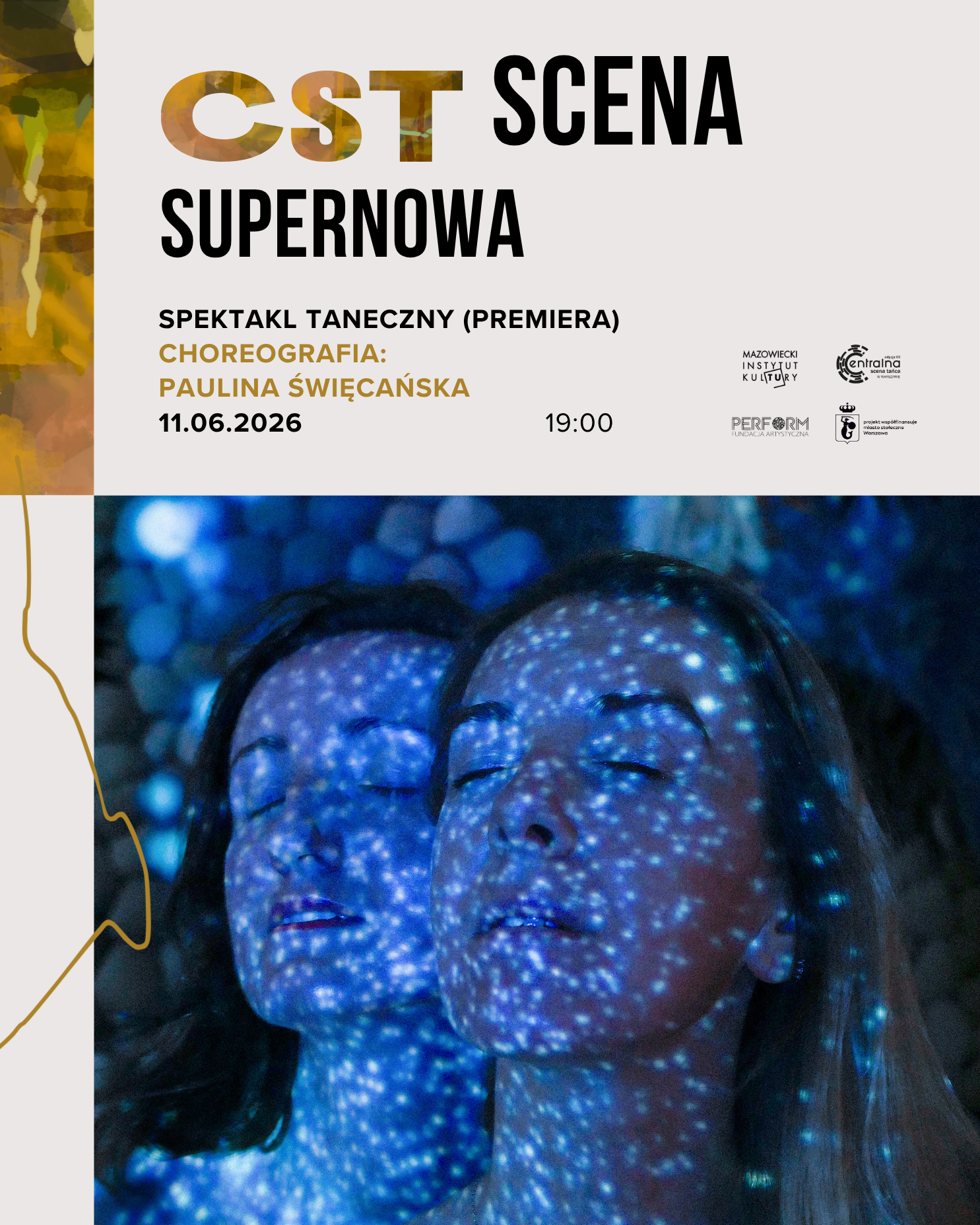 Plakat do spektaklu Supernowa - dwie kobiety stojące obok siebie, oświetlone ferią niebieskich świateł.