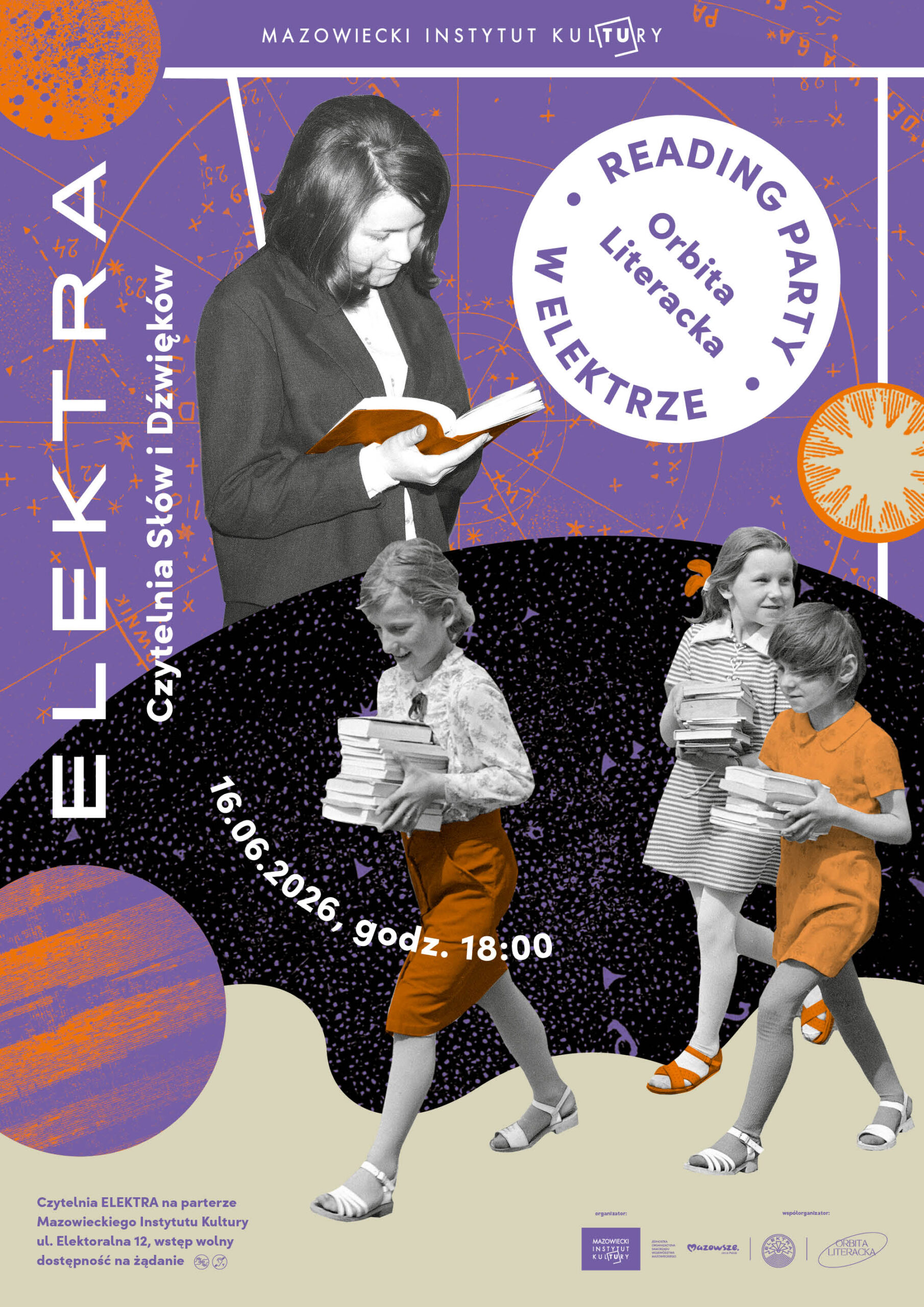 Plakat reklamujący wydarzenie Orbita Literacka Reading Party w czytelni ELEKTRA